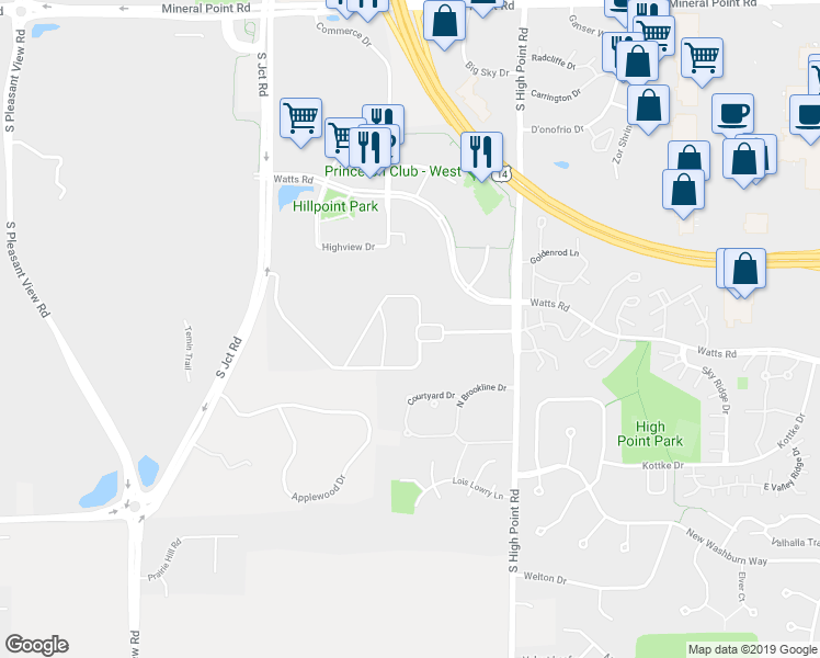 map of restaurants, bars, coffee shops, grocery stores, and more near 702 South High Point Road in Madison