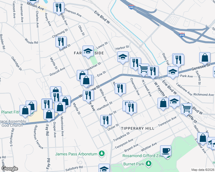map of restaurants, bars, coffee shops, grocery stores, and more near 1729 West Genesee Street in Syracuse