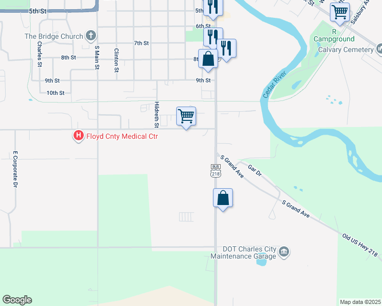 map of restaurants, bars, coffee shops, grocery stores, and more near 1405 South Grand Avenue in Charles City