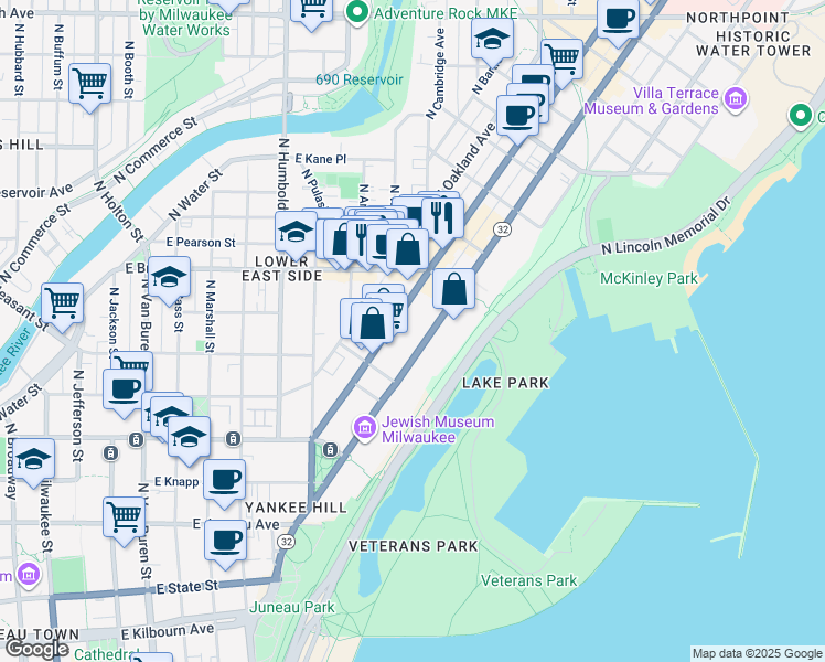 map of restaurants, bars, coffee shops, grocery stores, and more near 1633 North Prospect Avenue in Milwaukee