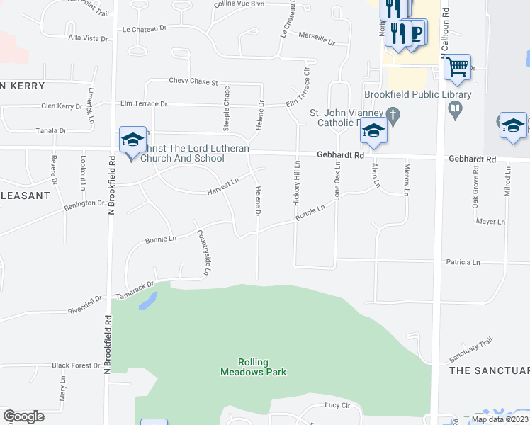 map of restaurants, bars, coffee shops, grocery stores, and more near 1520 Helene Drive in Brookfield