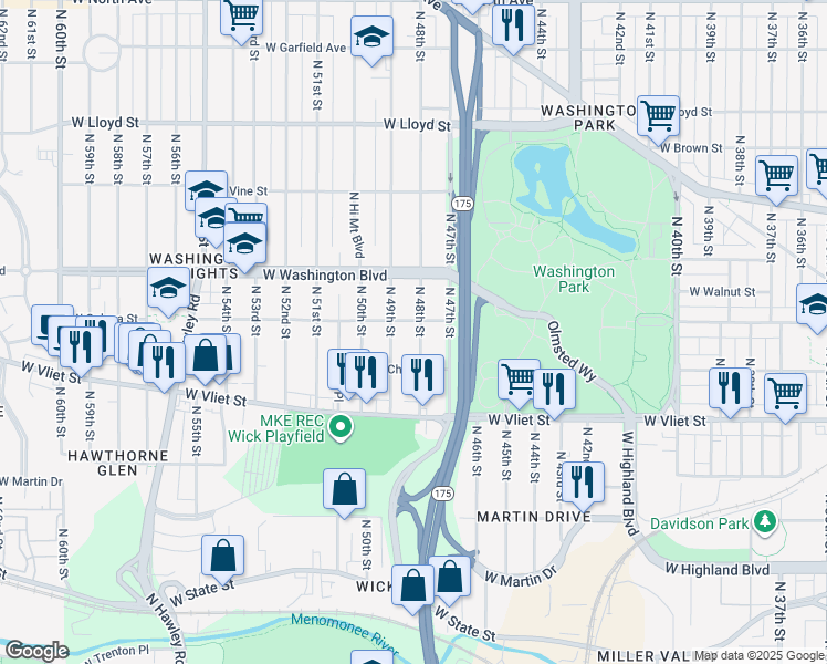 map of restaurants, bars, coffee shops, grocery stores, and more near 1545 North 48th Street in Milwaukee