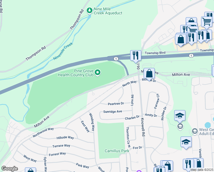 map of restaurants, bars, coffee shops, grocery stores, and more near 4045 190 in Camillus