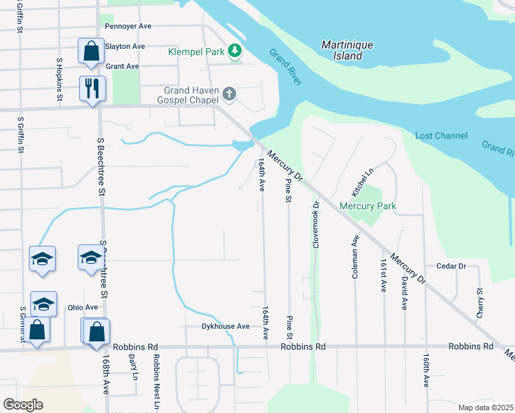 map of restaurants, bars, coffee shops, grocery stores, and more near 1129 Moreland Street in Grand Haven