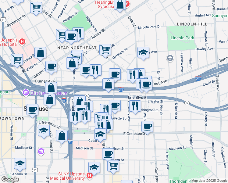 map of restaurants, bars, coffee shops, grocery stores, and more near 150 North Crouse Avenue in Syracuse