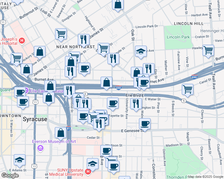 map of restaurants, bars, coffee shops, grocery stores, and more near 150 North Crouse Avenue in Syracuse