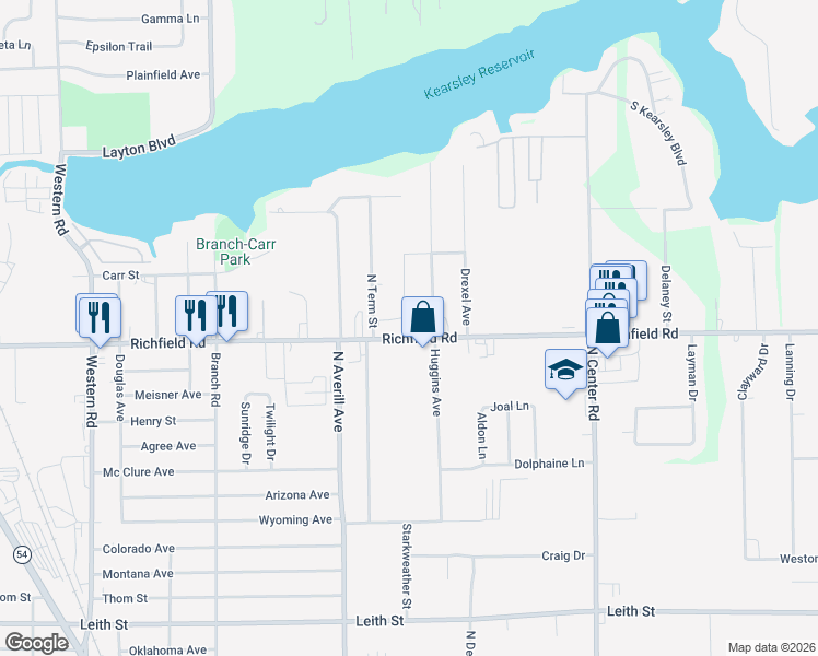 map of restaurants, bars, coffee shops, grocery stores, and more near 3333 Richfield Road in Flint