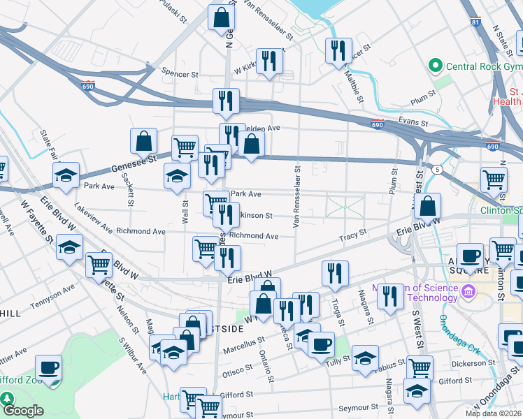 map of restaurants, bars, coffee shops, grocery stores, and more near 426 Wilkinson Street in Syracuse