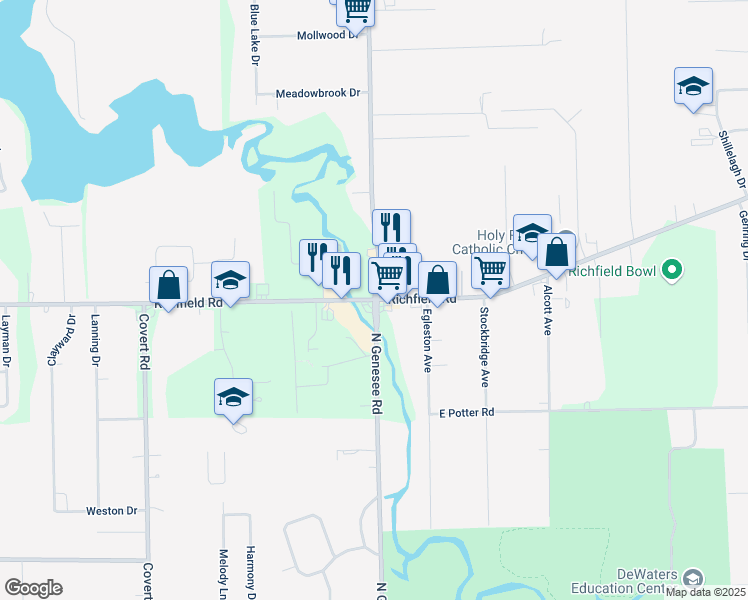 map of restaurants, bars, coffee shops, grocery stores, and more near Richfield Rd & Genesee Rd in Flint