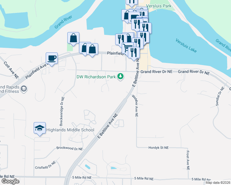 map of restaurants, bars, coffee shops, grocery stores, and more near 4881 East Beltline Avenue Northeast in Grand Rapids