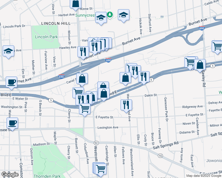 map of restaurants, bars, coffee shops, grocery stores, and more near 132 Kidd Ave in Syracuse