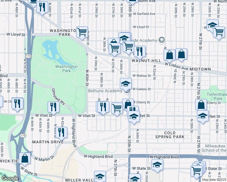 map of restaurants, bars, coffee shops, grocery stores, and more near 3705 West Galena Street in Milwaukee