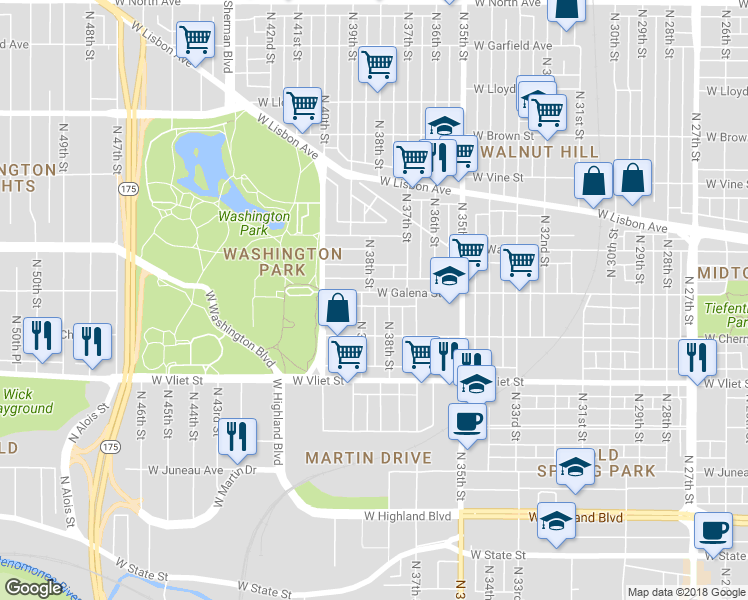 map of restaurants, bars, coffee shops, grocery stores, and more near 3821 West Galena Street in Milwaukee