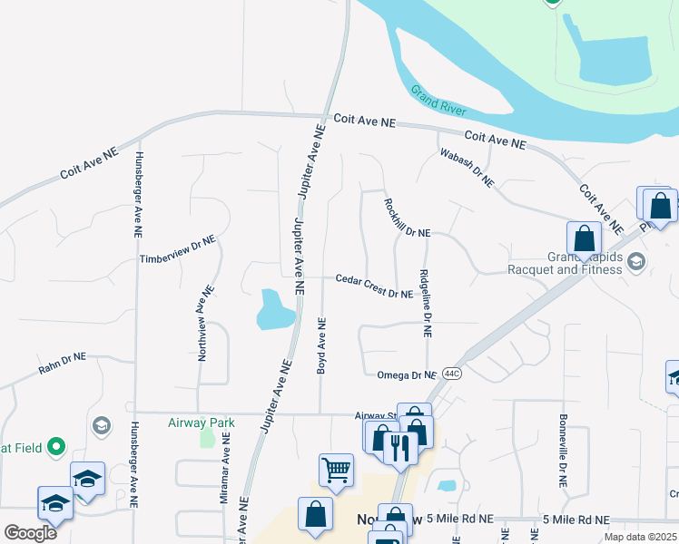 map of restaurants, bars, coffee shops, grocery stores, and more near 2381 Cedar Crest Drive Northeast in Grand Rapids