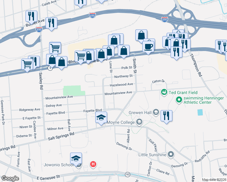 map of restaurants, bars, coffee shops, grocery stores, and more near 613 Mountainview Avenue in Syracuse