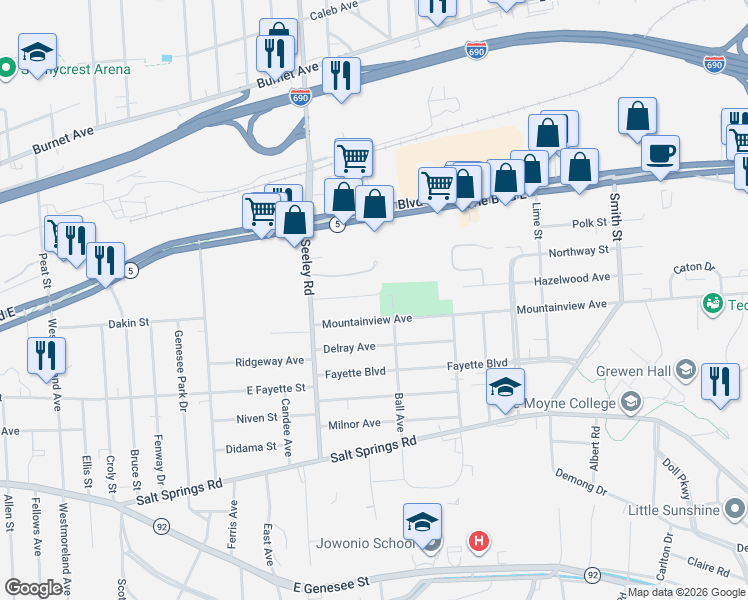 map of restaurants, bars, coffee shops, grocery stores, and more near 251 Hazelwood Avenue in Syracuse