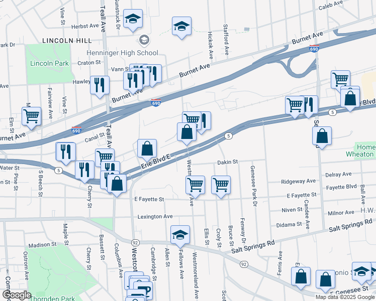 map of restaurants, bars, coffee shops, grocery stores, and more near 2015 Erie Boulevard East in Syracuse
