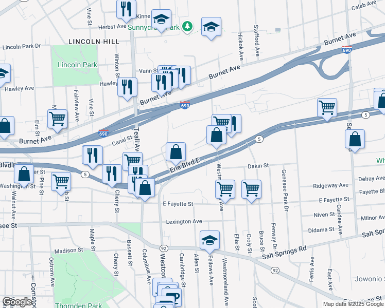 map of restaurants, bars, coffee shops, grocery stores, and more near 132 Kidd Avenue in Syracuse