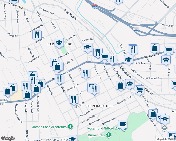 map of restaurants, bars, coffee shops, grocery stores, and more near 116 Cayuga Street in Syracuse