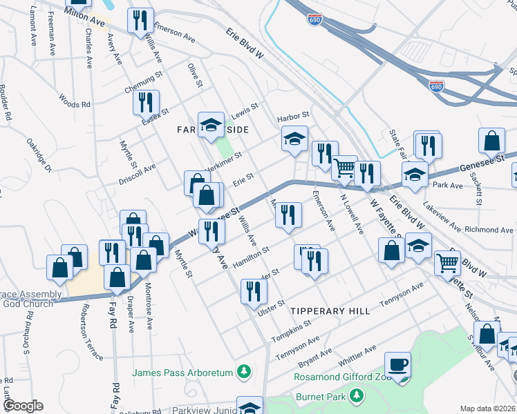 map of restaurants, bars, coffee shops, grocery stores, and more near 1711 West Genesee Street in Syracuse