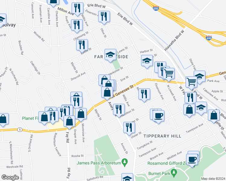 map of restaurants, bars, coffee shops, grocery stores, and more near 307 Erie Street in Syracuse