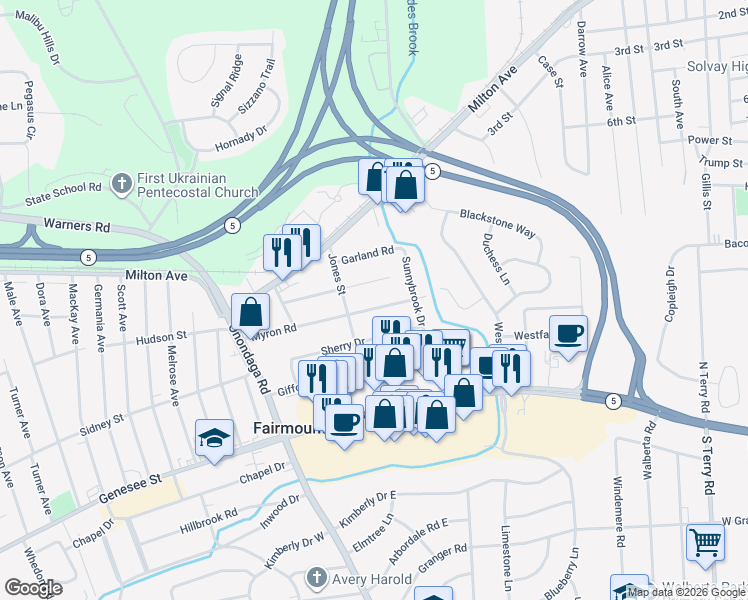 map of restaurants, bars, coffee shops, grocery stores, and more near 317 Myron Road in Syracuse