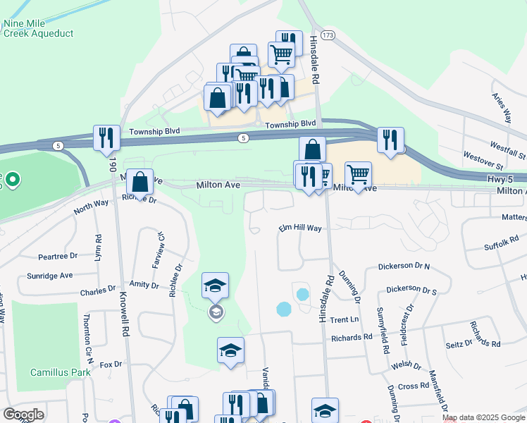 map of restaurants, bars, coffee shops, grocery stores, and more near 1050 Eagle Lane in Camillus