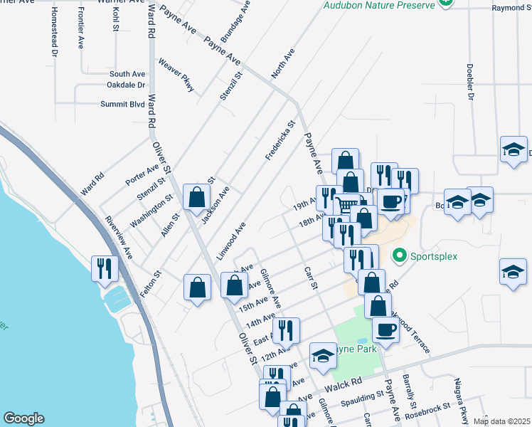 map of restaurants, bars, coffee shops, grocery stores, and more near 130 19th Avenue in North Tonawanda