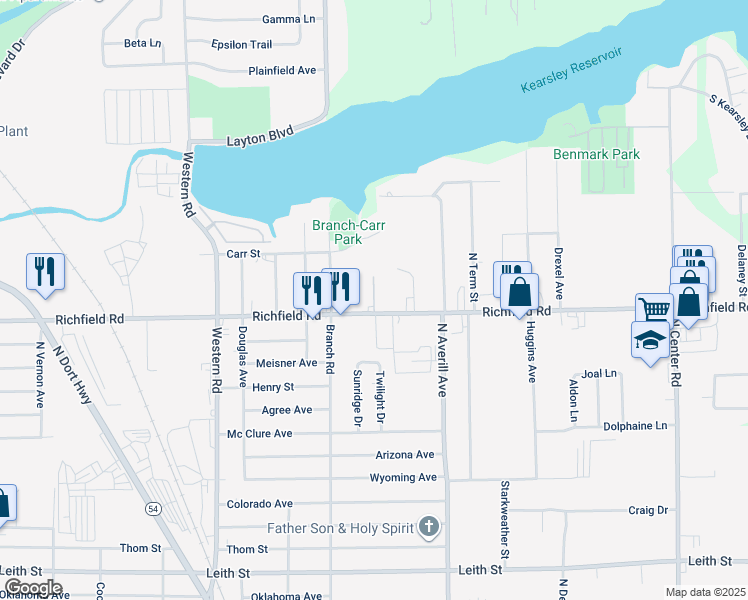 map of restaurants, bars, coffee shops, grocery stores, and more near 3171 Richfield Road in Flint