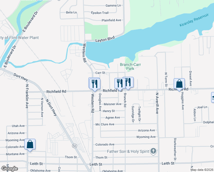 map of restaurants, bars, coffee shops, grocery stores, and more near 4123 Neebish Street in Flint
