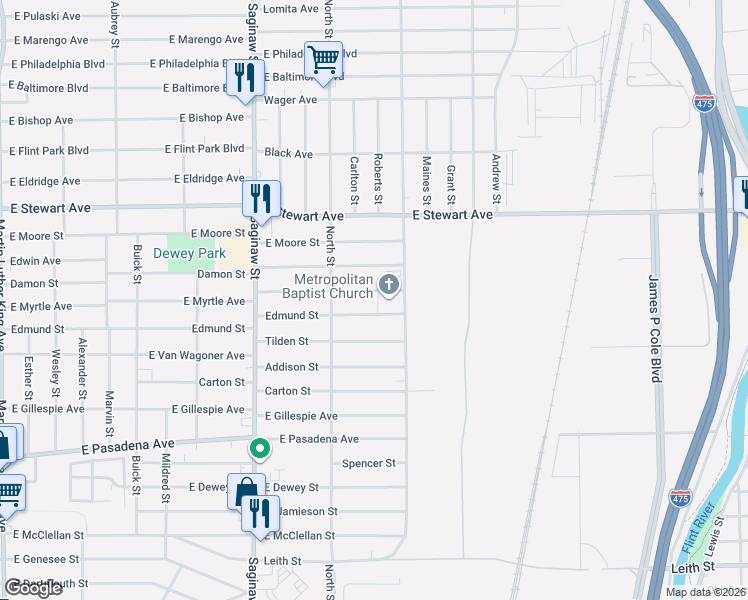 map of restaurants, bars, coffee shops, grocery stores, and more near 930 East Myrtle Avenue in Flint