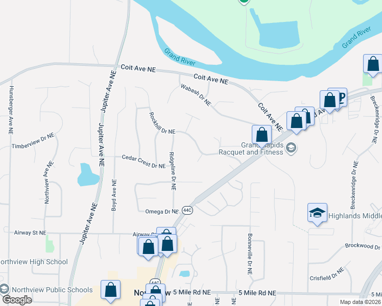 map of restaurants, bars, coffee shops, grocery stores, and more near 2650 Rockhill Drive Northeast in Grand Rapids