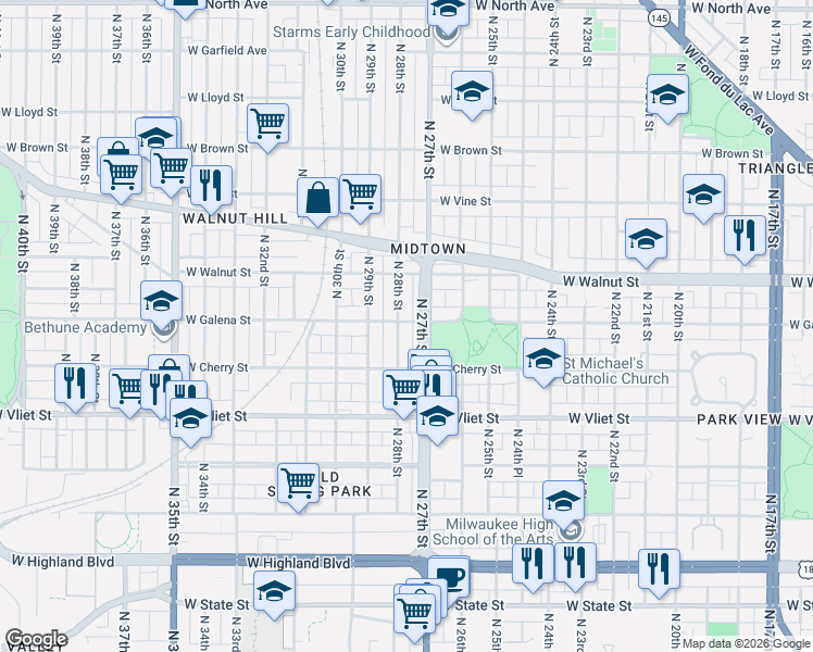 map of restaurants, bars, coffee shops, grocery stores, and more near in Milwaukee