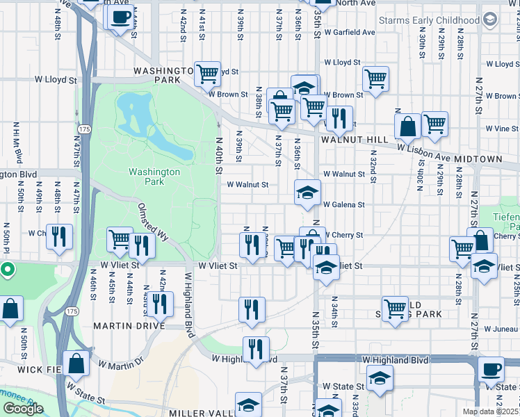 map of restaurants, bars, coffee shops, grocery stores, and more near 3821 West Galena Street in Milwaukee