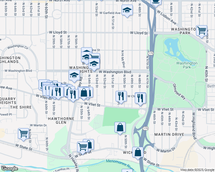 map of restaurants, bars, coffee shops, grocery stores, and more near 1559 North 51st Street in Milwaukee