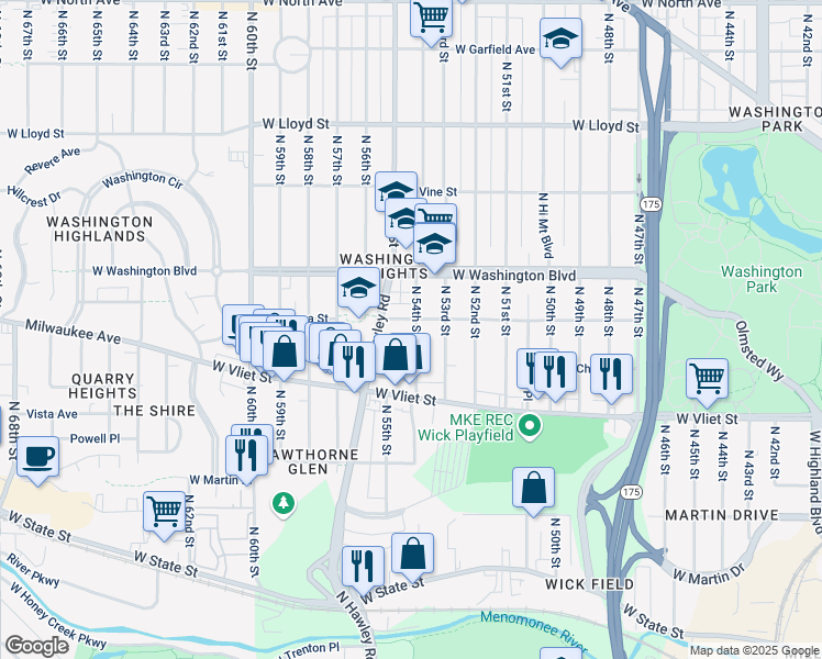 map of restaurants, bars, coffee shops, grocery stores, and more near 5329 West Galena Street in Milwaukee