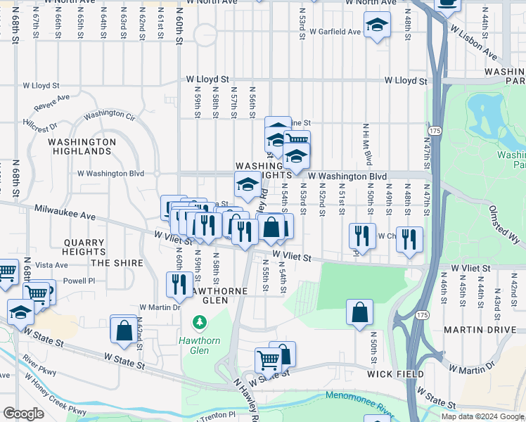 map of restaurants, bars, coffee shops, grocery stores, and more near 5441 West Galena Street in Milwaukee