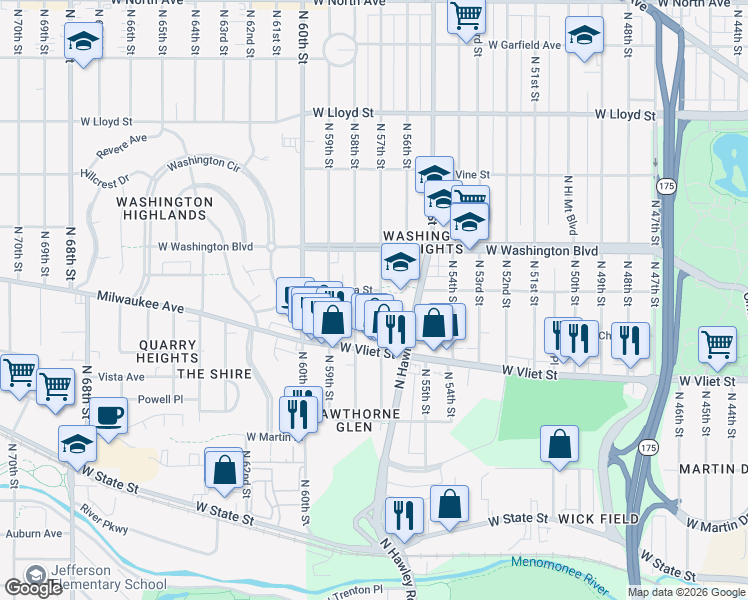 map of restaurants, bars, coffee shops, grocery stores, and more near 1549 North 57th Street in Milwaukee