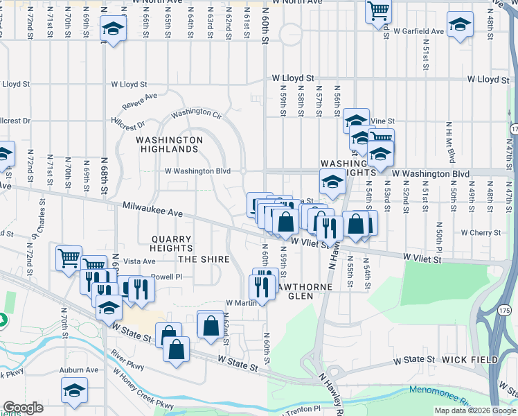 map of restaurants, bars, coffee shops, grocery stores, and more near 6129 Washington Circle in Wauwatosa