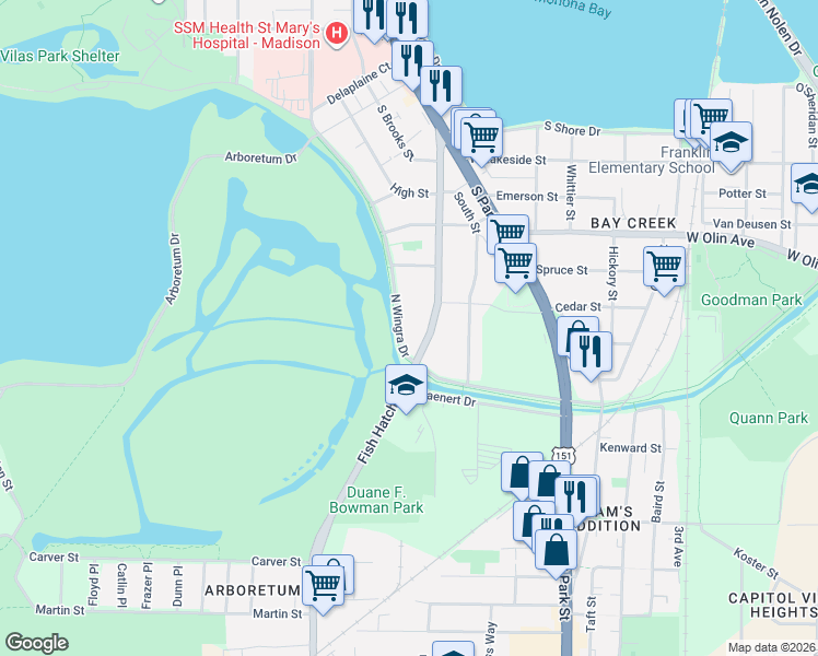 map of restaurants, bars, coffee shops, grocery stores, and more near 1335 North Wingra Drive in Madison