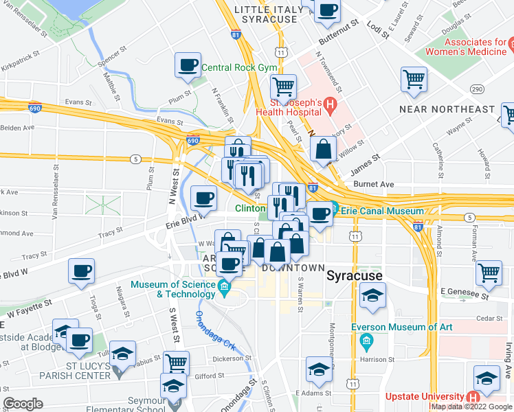map of restaurants, bars, coffee shops, grocery stores, and more near West Genesee Street & North Clinton Street in Syracuse