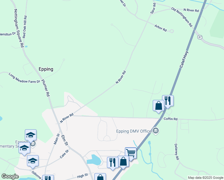 map of restaurants, bars, coffee shops, grocery stores, and more near 75 North River Road in Epping