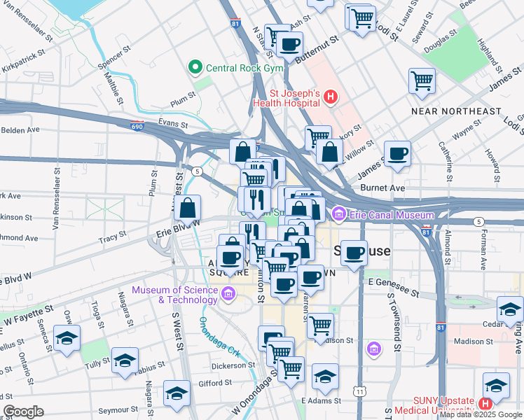 map of restaurants, bars, coffee shops, grocery stores, and more near 200 West Genesee Street in Syracuse