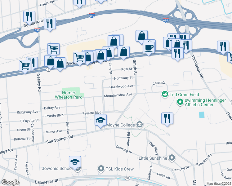 map of restaurants, bars, coffee shops, grocery stores, and more near 613 Mountainview Avenue in Syracuse