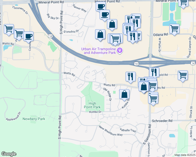 map of restaurants, bars, coffee shops, grocery stores, and more near 7425 Timber Lake Trail in Madison