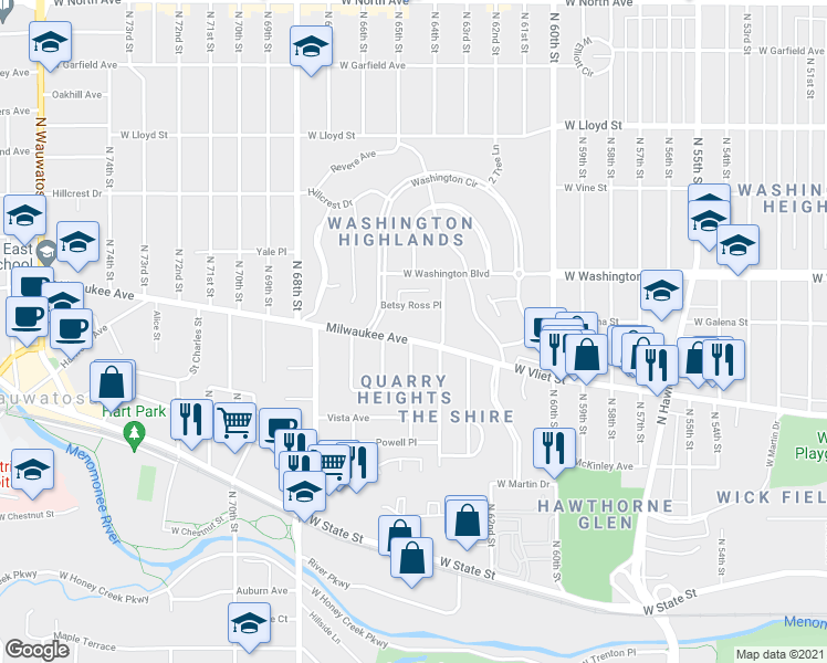 map of restaurants, bars, coffee shops, grocery stores, and more near 6434 Milwaukee Avenue in Wauwatosa