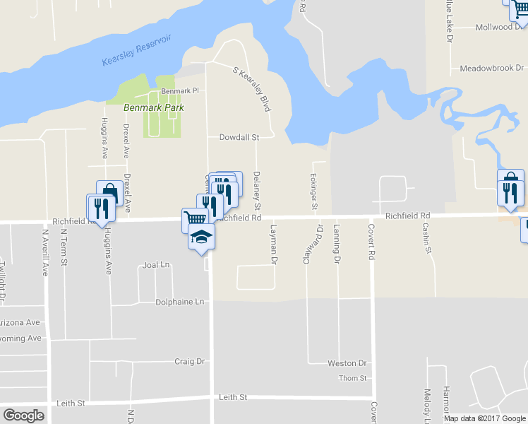 map of restaurants, bars, coffee shops, grocery stores, and more near 4089 Richfield Road in Flint