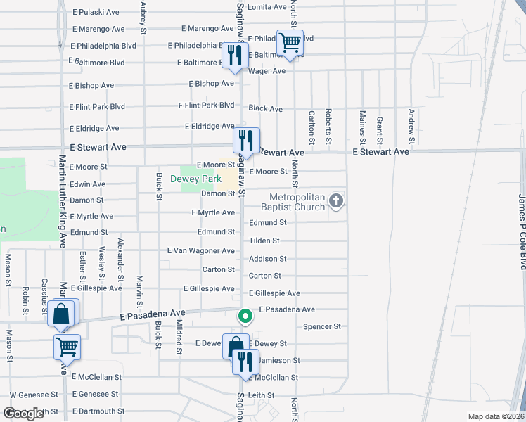 map of restaurants, bars, coffee shops, grocery stores, and more near 726 East Myrtle Avenue in Flint