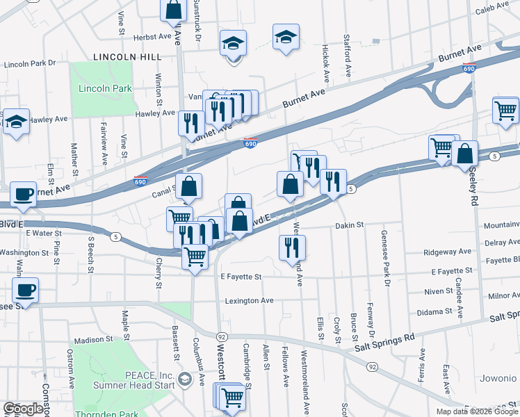 map of restaurants, bars, coffee shops, grocery stores, and more near 132 Kidd Avenue in Syracuse