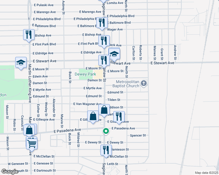 map of restaurants, bars, coffee shops, grocery stores, and more near 726 East Myrtle Avenue in Flint